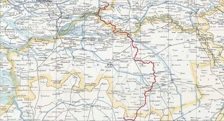 Map with red line to show route from Lommel to Leerdam.